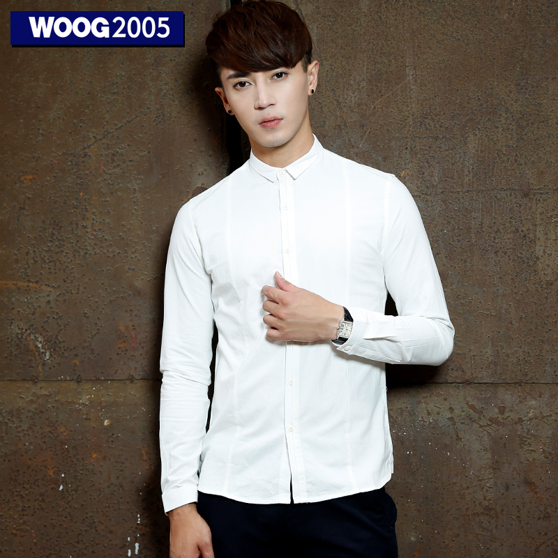 WOOG2005小领衬衣男长袖2017春季男士韩版修身纯棉牛津纺白色衬衫产品展示图3