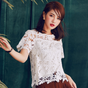 白色蕾丝衫打底衫女春夏装新款韩版性感勾花镂空短袖上衣百搭短款