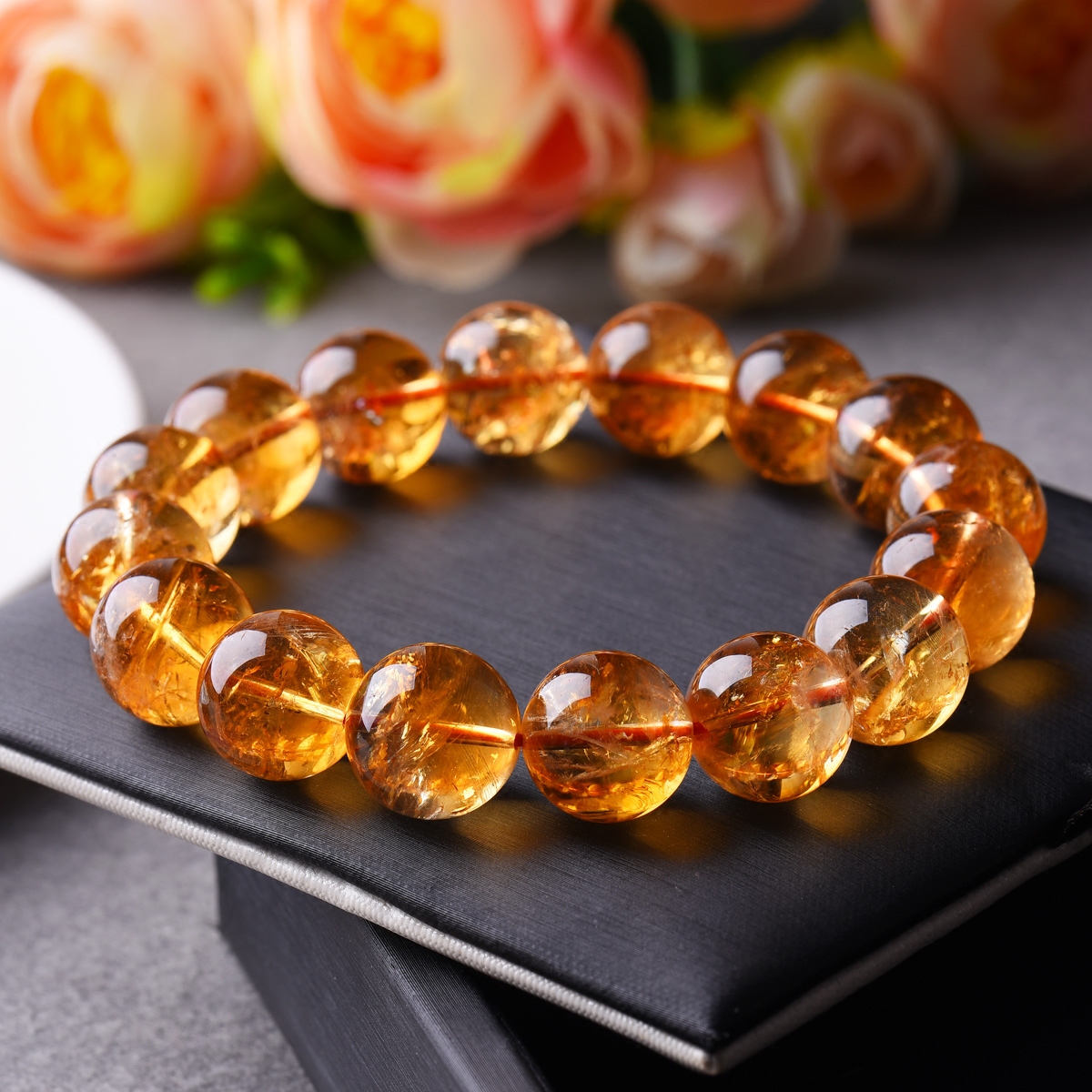 雁唐巴西黄水晶手链女 天然水晶圆珠 黄晶单圈手串简约时尚深橘黄