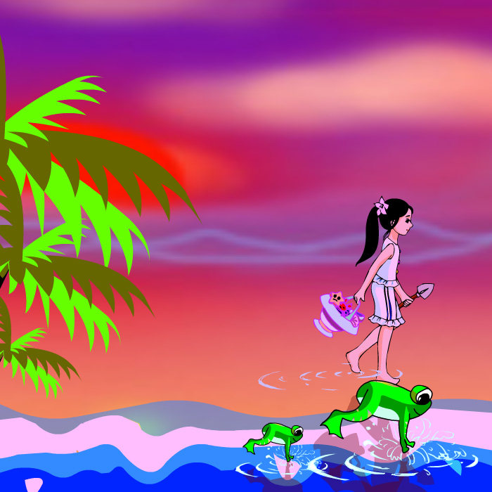 flash动画源文件夕阳海边沙滩蹦蹦跳跳走路路的小姑娘设计素材