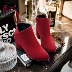 2016秋冬女靴粗跟舒适短靴红色切尔西女鞋中跟复古磨砂皮新款短靴