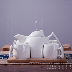 包邮日式简约纯白陶瓷茶具茶壶茶杯竹托盘六件套装茶杯咖啡杯特价