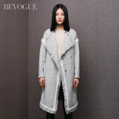 Bevogue/百薇2015秋冬新款女装翻领斗篷宽松条纹流苏粗纺尼料大衣