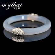 Thai Silver 925 simple ethnic and natural white jade cord bracelet bracelets with noble pure women