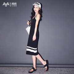 Summer of seven space space OTHERMIX2015 new white stripes printed sundress Black sleeveless dress