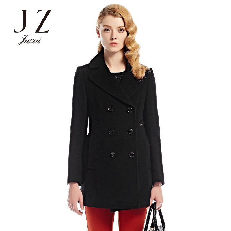JUZUI/玖姿呢外套2016女冬装新黑色优雅经典双排羊毛毛呢大衣产品展示图3