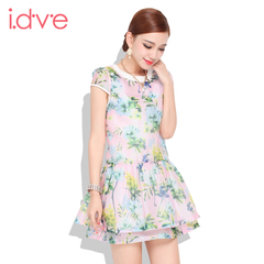 idve2015夏季新品青春圆领双层翘裙摆花色短袖连衣裙 152E2291