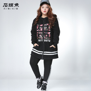 石头鱼旗舰店石头鱼2015冬季新品胖MM加绒大码女装棉服显瘦印花保暖中长款棉衣