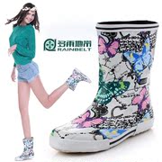 RAINBELT rain-belt Korean version of the tube in hand-painted Lady Butterfly flower rain boot women's boots rain boots to keep warm