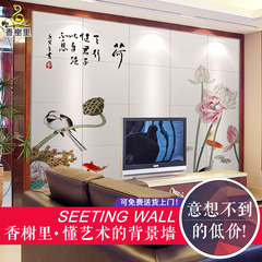 香榭里陶瓷雕刻瓷砖电视背景墙简约中式客厅沙发艺术壁画水墨荷花