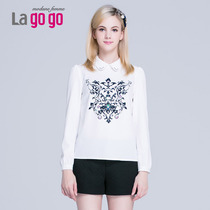 Lagogo/拉谷谷2015秋季新款印花修身POLO领纯色T恤上衣ECA631G310