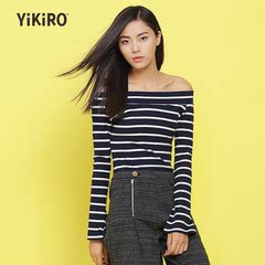 Yikiro打底衫女长袖条纹T恤一字领喇叭袖外穿修身显瘦秋冬上衣