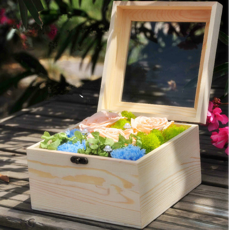 实木永生花小花盒木质包装礼品盒玻璃盖木盒定制厂家直销包邮