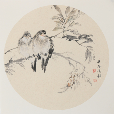 侯静《双雀图》学院派新锐美女画家,精致小品.
