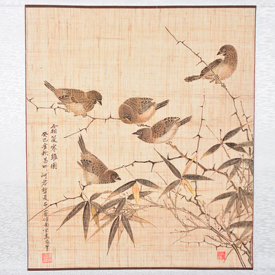 栩栩如生 寒雀图 夏布画 no.x30