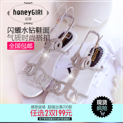 #HoneyGIRL2015 summer the new Korean low shoes with Rhinestone strap wedges with a peep-toe Sandals women