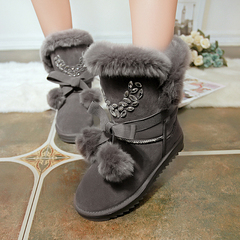 冬季雪地靴女中筒高筒平底厚底毛毛蝴蝶结加绒加厚保暖冬季棉鞋潮