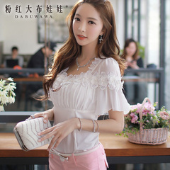 Chiffon shirt short sleeve pink doll 2015 summer styles of female nail flower slim white blouse