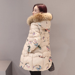 棉衣女2016冬装新款韩版时尚修身印花貉子毛中长款加厚棉服棉袄潮