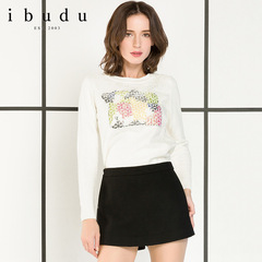 ibudu2016冬装新品 欧根纱圆领亮片修身针织衫上衣女Y541259M00