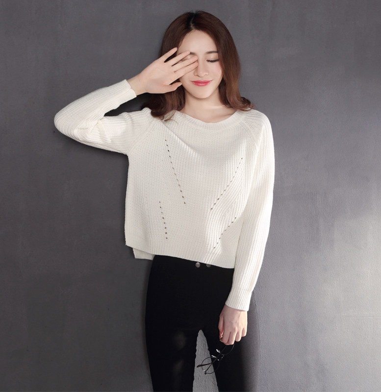 秋季白色套头女士毛衣女宽松慵懒显瘦圆领内搭温柔日系镂空针织衫