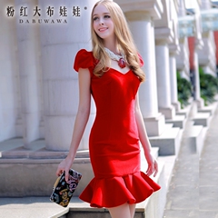 Slim dress pink doll spring 2015 new female Lotus Leaf swing quality short sleeve dress