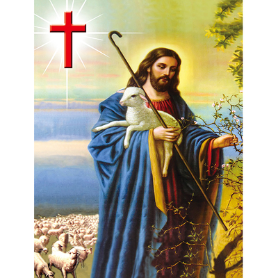 耶稣牧羊抱羊十字架海报 基督教信仰耶稣图 客厅墙贴画挂画定做