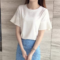 艾诺黛夏季2016新款韩版女装时尚百搭荷叶短袖雪纺衫纯色上衣潮