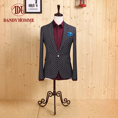 Dandyhomme阶梯格纹男士西装外套英伦修身商务上衣一粒扣小西服潮