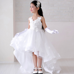新款秋冬女童拖尾小孩花童公主拖地婚纱长裙白色儿童礼服主持人裙