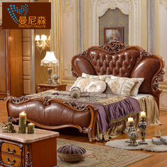 曼尼森 床 欧式实木床 双人床1.8米高箱床 美式橡木床 软靠真皮床
