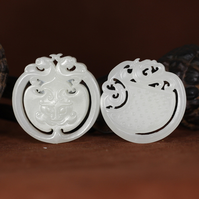 和田白玉仿古龙凤对牌34.350g/45.934g
