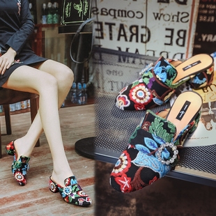 蔻馳聯名kaffe 2020夏季新款名族風個性手工繡花水鉆方跟刺繡中跟女鞋真皮涼拖鞋 蔻馳a貨包