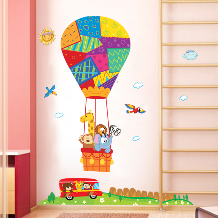 卡通儿童房间幼儿园装饰墙贴纸 可爱宝宝卧室动物彩色热气球贴画产品展示图5