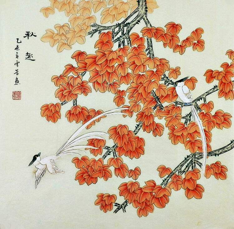 手绘字画国画书画促销ye061677顾雪芳四尺斗方工笔花鸟红叶6666