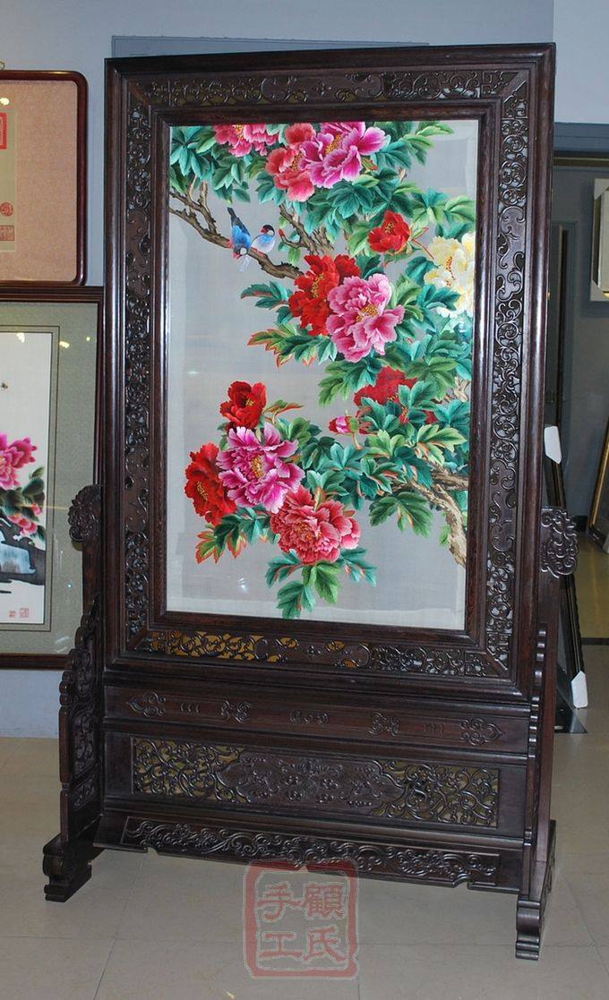 115*185顾氏苏绣双面绣落地屏风 牡丹花鸟,鸡翅木系列十六