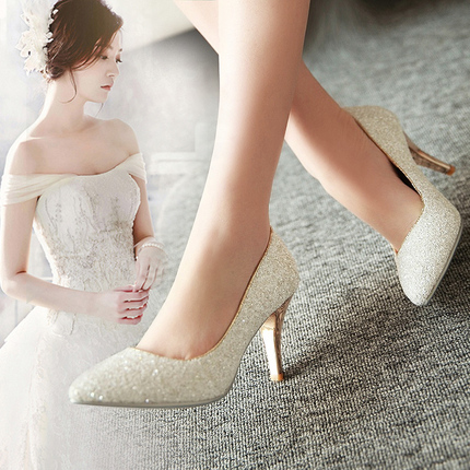 白色高跟鞋韩国 2016冬季韩国公主水晶白色婚鞋女新娘单鞋亮片高跟