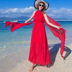 旅游渡假海边裙长裙 显瘦雪纺露背沙滩裙 波西米亚系带无袖连衣裙