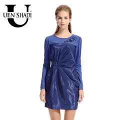 uenshadi温莎蒂品牌女装优雅冬装蓝色长袖褶皱钉珠连衣裙0106