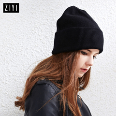 ZIYI新款羊毛帽子秋冬天针织帽纯黑色堆堆帽韩版冬季女毛线包头帽