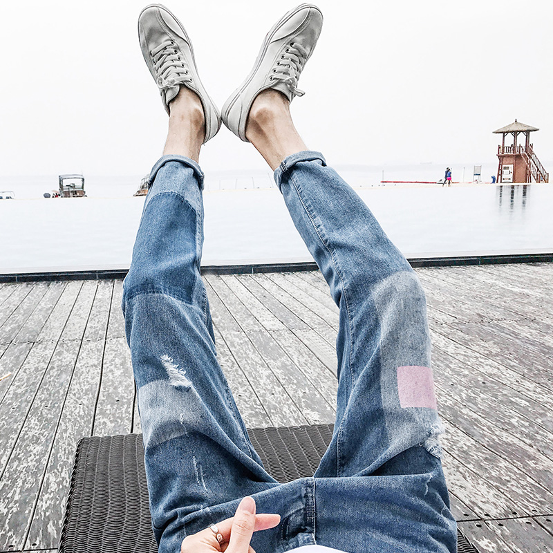 秋季新款破洞牛仔褲男修身薄款乞丐褲男韓版寬松學生九分小腳褲子