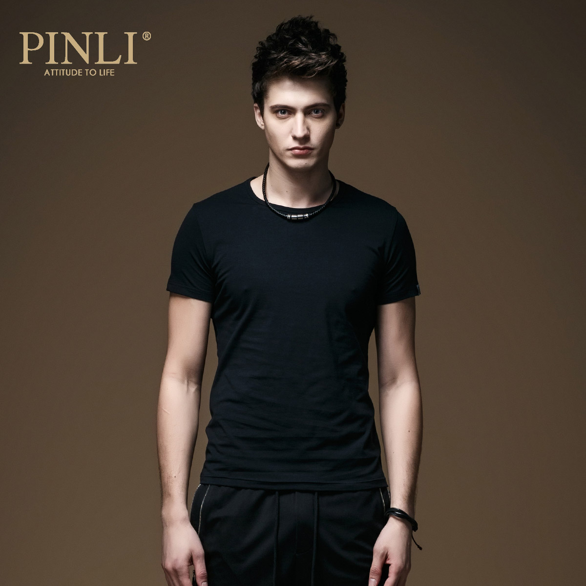 PINLI品立 夏季新品时尚男装 修身圆领短袖T恤男打底衫潮T001产品展示图2