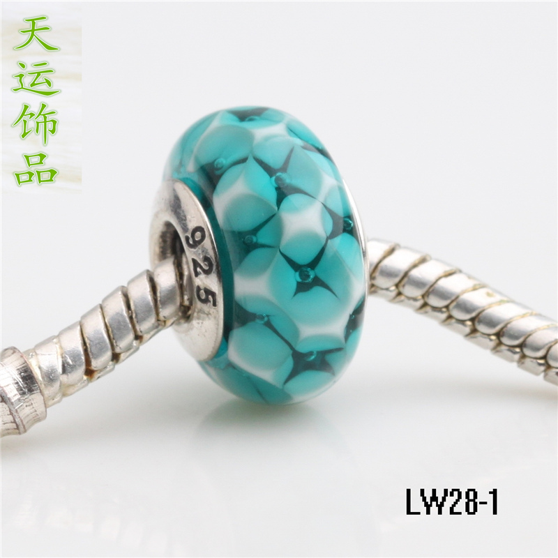 湖绿色宝石琉璃珠 天运饰品 925银螺纹管 LW28