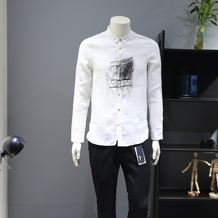 大淘人折扣商城 男装 木易衬衫长袖白色棉麻秋冬修身青年个性纯色小领