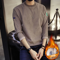 加绒长袖t恤男士韩版修身纯色大码打底衫青少年秋冬加厚针织上衣