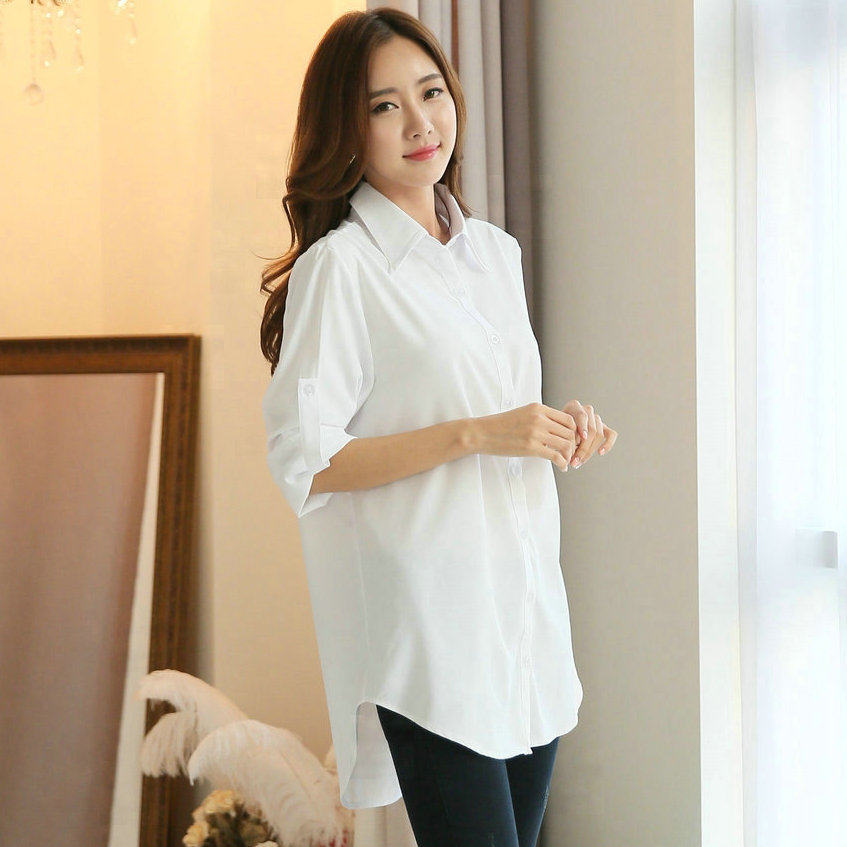 2017女士春夏韩版胖mm衬衫女长袖宽松休闲大码中长款百搭防晒上衣