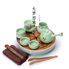大梦想 茶具套装特价整套陶瓷功夫茶具竹制陶瓷茶盘干泡台特大号