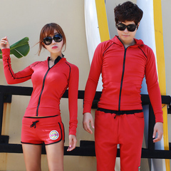 新款韩国情侣冲浪衣红色套装防晒长袖泳衣潜水服户外套装