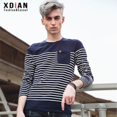 XDIAN/续点长袖t恤男秋装修身圆领条纹t恤男装海魂衫打底衫男潮韩