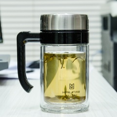 凯霖双层大容量泡茶杯 带手柄过滤网玻璃杯 透明带盖耐热防漏水杯